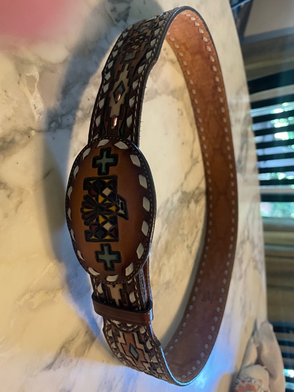 Vintage Tony Lama Rare Men's Western Belt Intricate Tooled Pattern Buckle - Picture 13 of 16